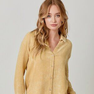 Mystree 100% Cotton Crinkle Gauze Button Front Shirt Mustard Yellow Lightweight